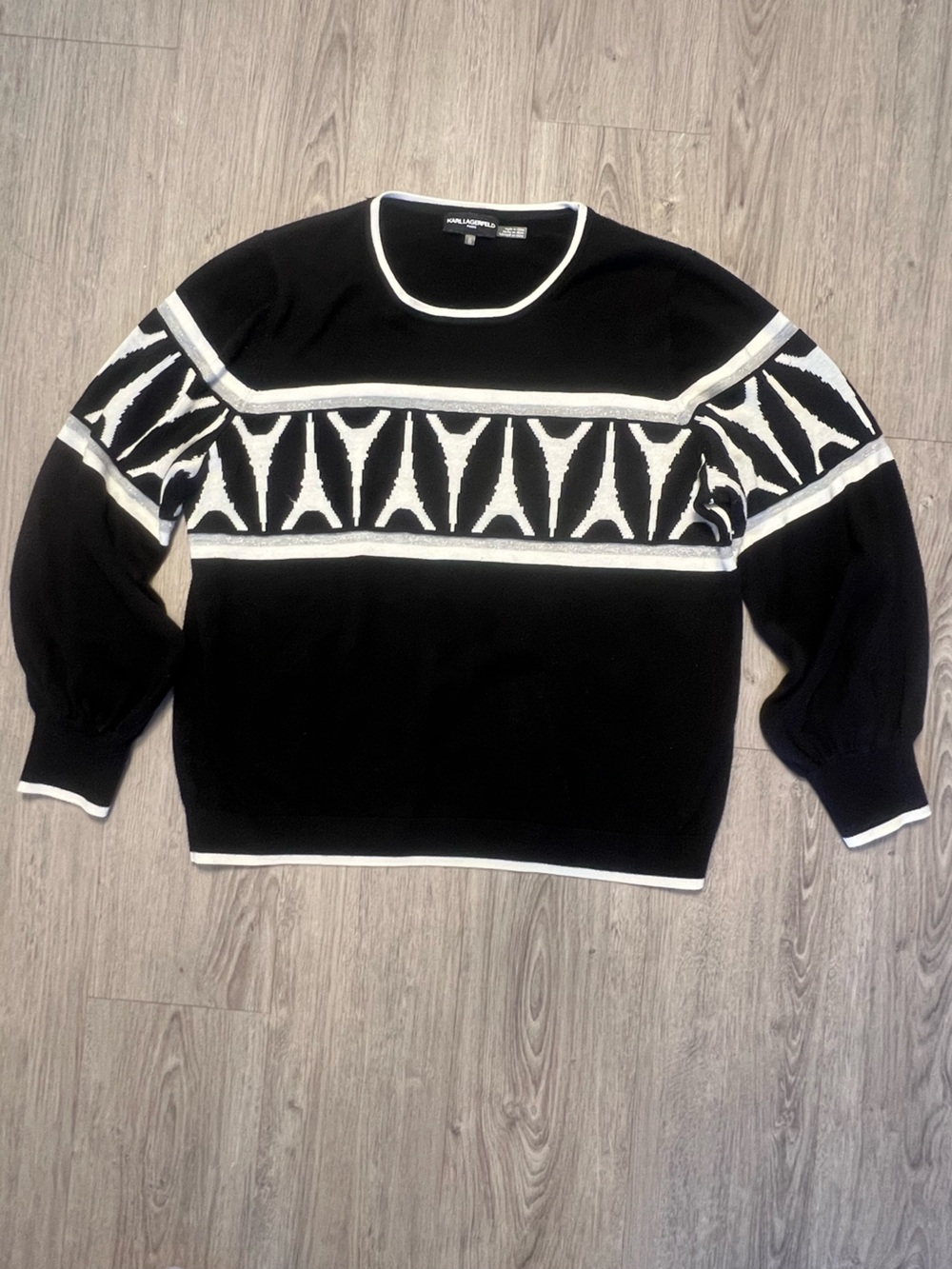 Karl Lagerfeld Black and White Eiffel Motif Knit Sweater
